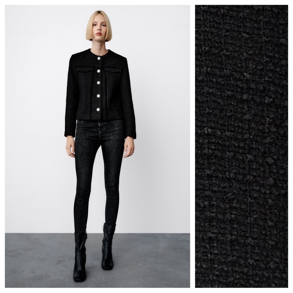 NWT. Zara Black Wool Blend Textured Short Blazer. Size XS.